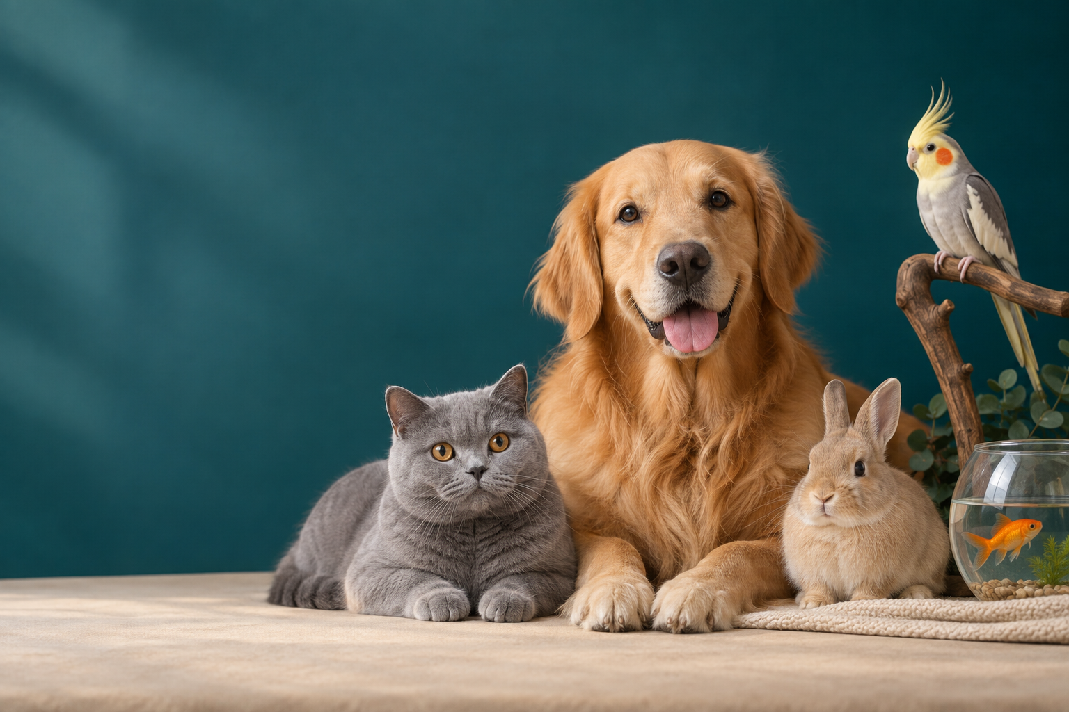 金毛犬、英国短毛猫、侏儒兔、玄凤鹦鹉和金鱼的合影